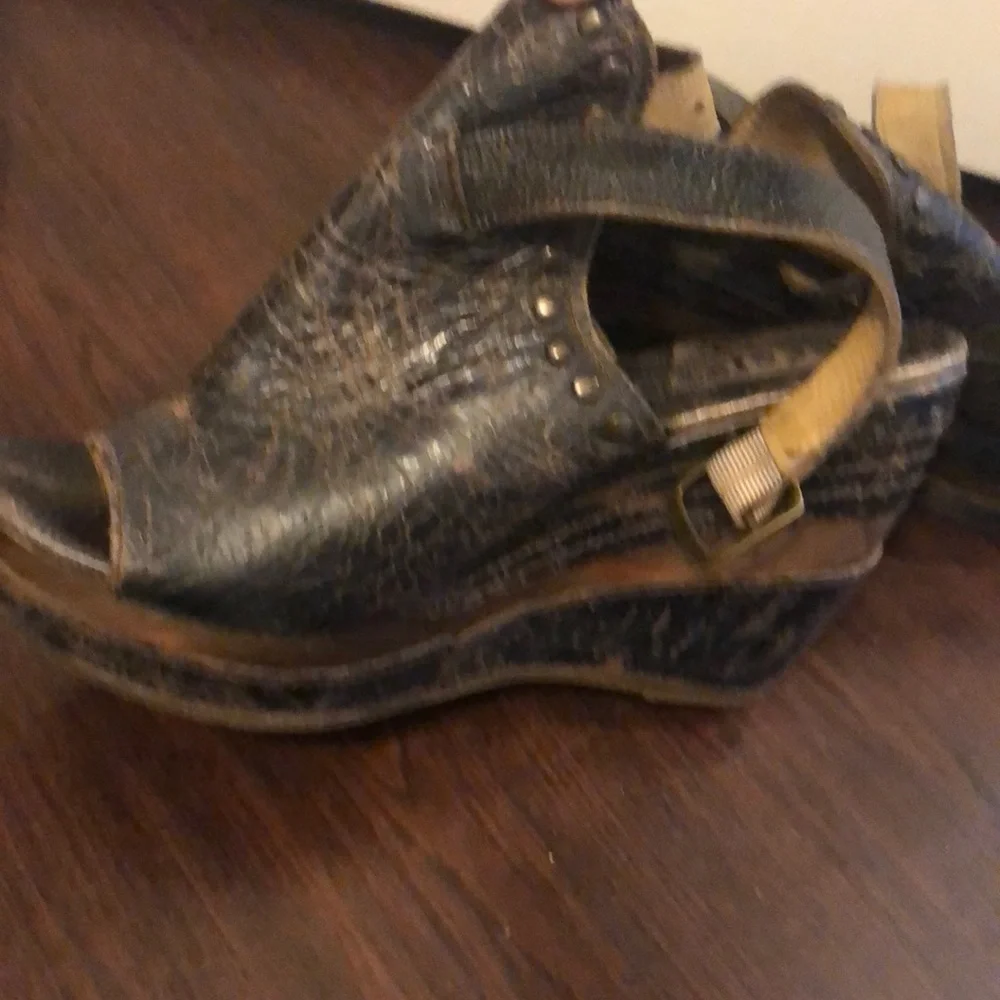 Bed Stu Distressed Black Leather Wedge Sandals with Studs